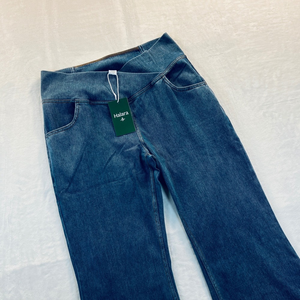 Halara Crossover Waist Flare Jeans Medium Wash Denim Pull On Pant Large Regular